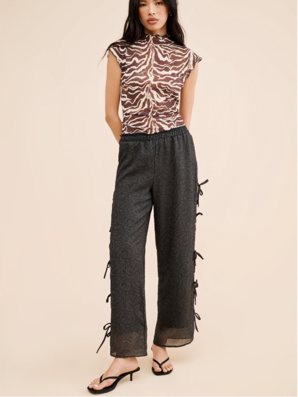 Lisa Says Gah Evelyn Black Tie-Side Floral Rose Wide Leg Pants